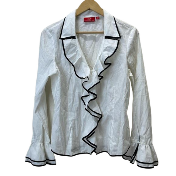 Oscar de la Renta Tops - Oscar de la Renta | White and Black Ruffle Top flared sleeves